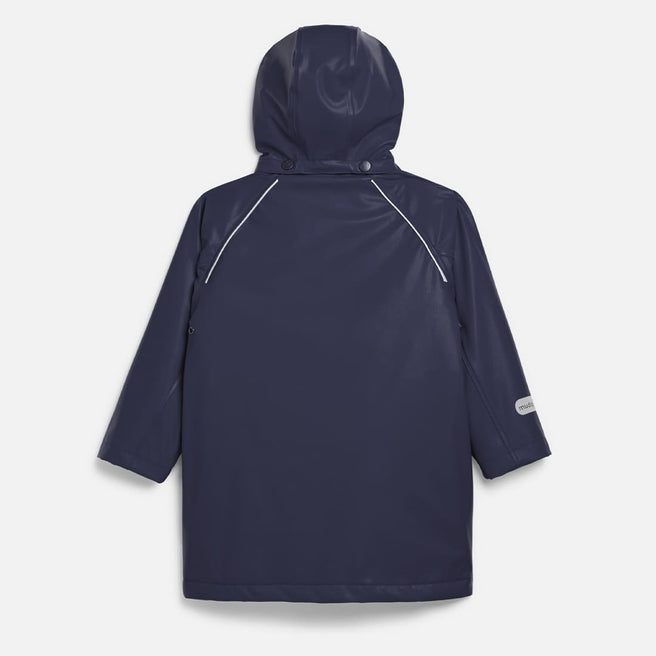 Back view of a Puddleflex Waterproof Fleece Lined Jacket in navy, with a hood and white detailing on the shoulders.